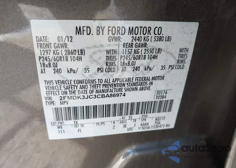 2012 Ford Edge Sel from USA, damaged, VIN 2FMDK3JC3CBA86974